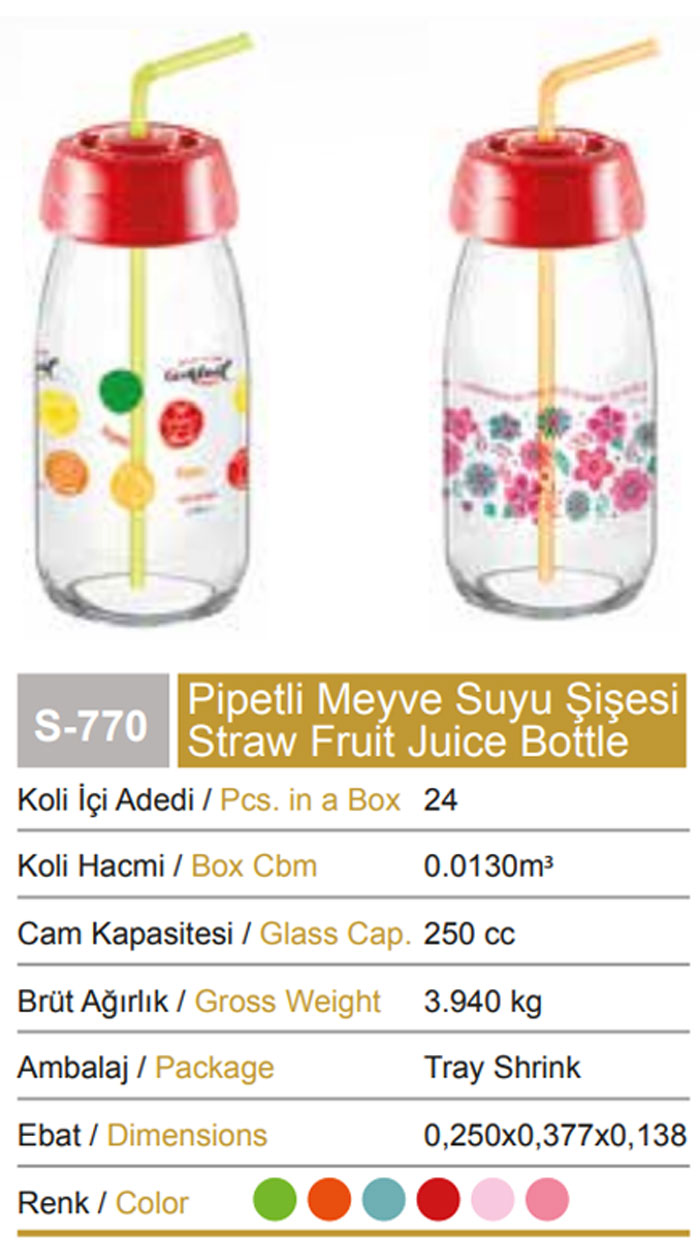 Sarina Glassware Decorated Fruit Juice Bottle With Straw 250Ml - S770 - Turkey Made