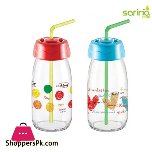 Sarina Glassware Decorated Fruit Juice Bottle with Straw 250ML - S770 - Turkey Made