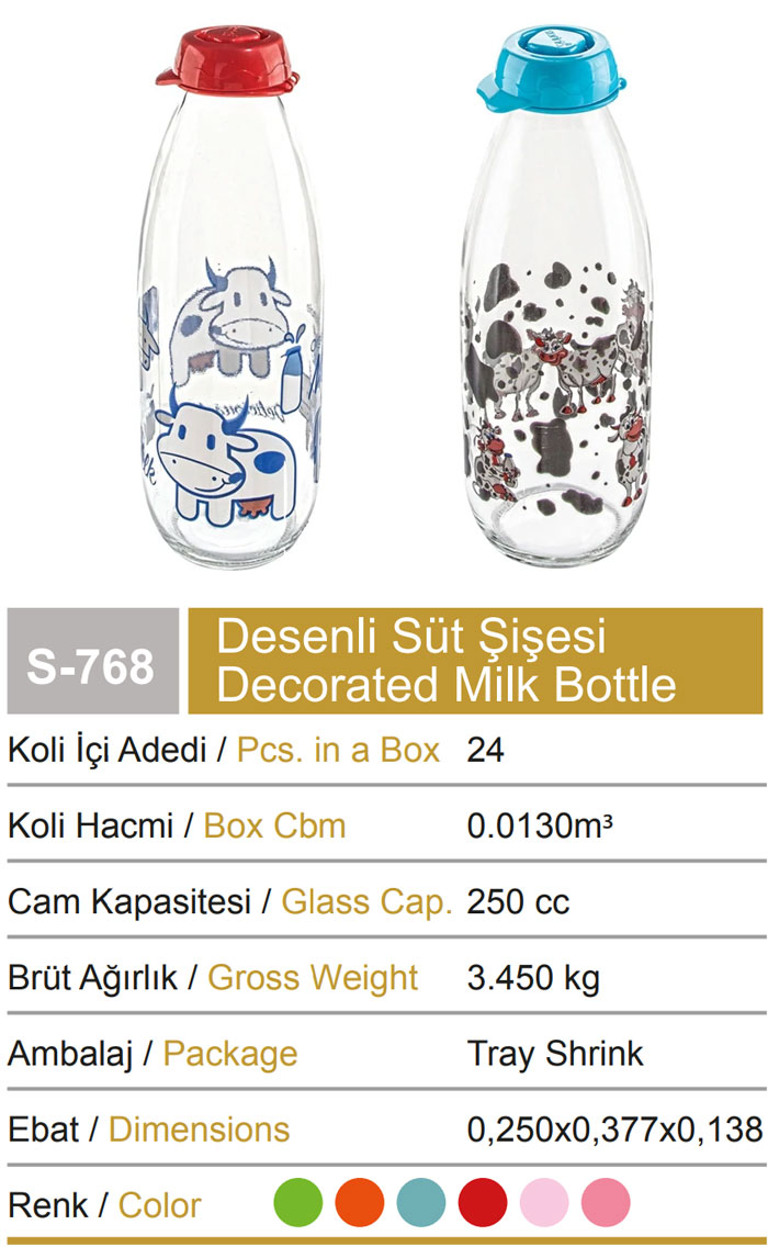 Sarina Glassware Decorated Milk Bottle 250Ml - S768 - Turkey Made