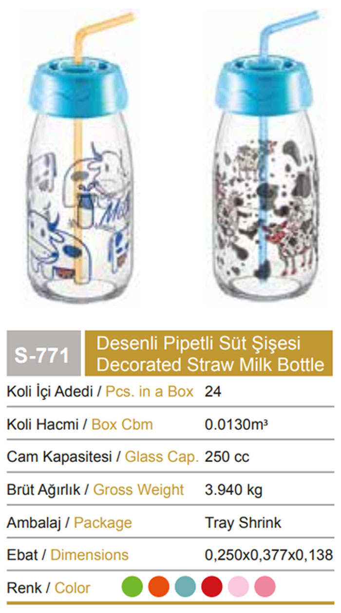 Sarina Glassware Decorated Milk Bottle With Straw 250Ml - S771 - Turkey Made