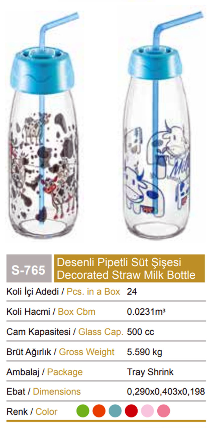 Sarina Glassware Decorated Milk Bottle With Straw 500Ml - S765 - Turkey Made