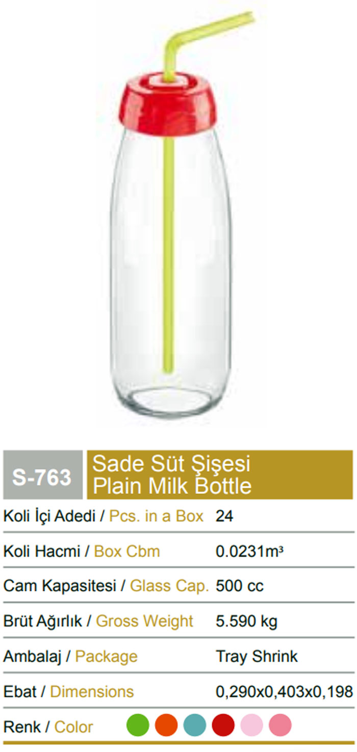 Sarina Glassware Plain Milk Bottle With Straw 500Ml - S763 - Turkey Made