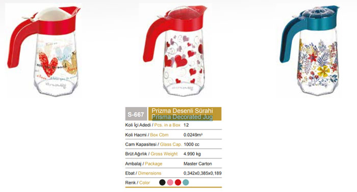 Sarina Glassware Prism Rose Decorated Jug 1000Ml - S667 - Turkey Made