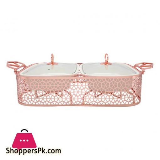 Dual Casserole Dishes on Rose Gold Rack with Burners