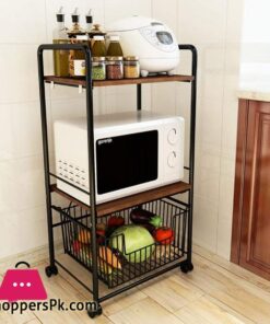 3 Tier Wire Shelving Storage Shelf Microwave Oven Stand Spice Rack Organizer Utility Rolling Cart with Wood Shelves and Metal Wire Baskets for Home Kitchen Storage