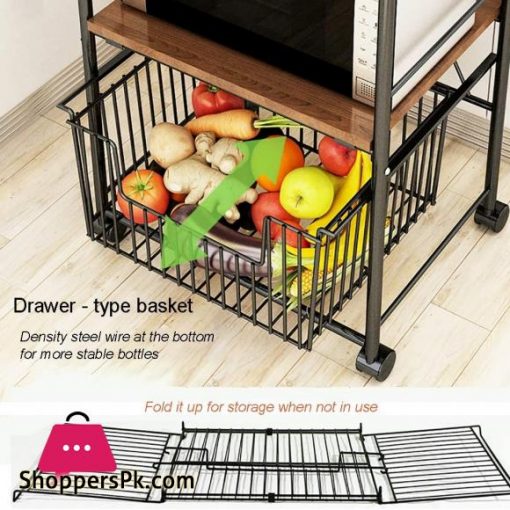 3 Tier Wire Shelving Storage Shelf Microwave Oven Stand Spice Rack Organizer Utility Rolling Cart with Wood Shelves and Metal Wire Baskets for Home Kitchen Storage