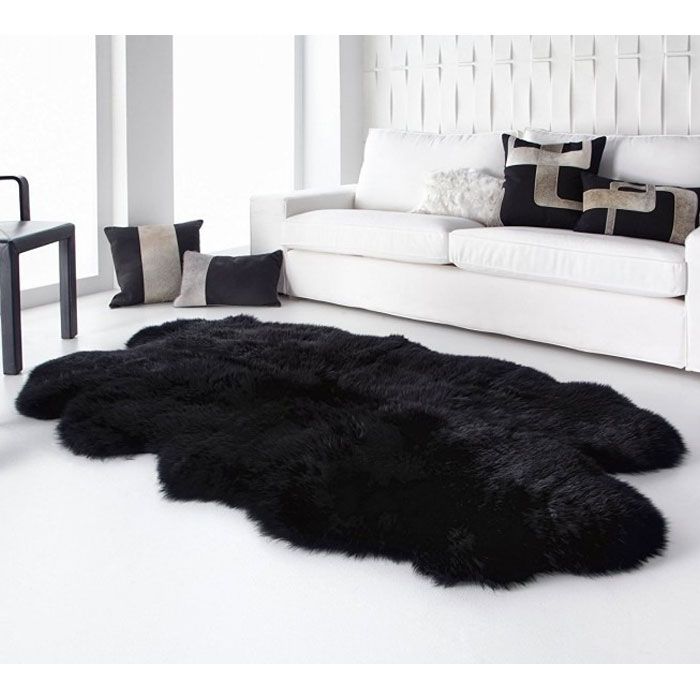 Black Sheepskin Four Pelt Rug Genuine Sheepskin Fur Rug