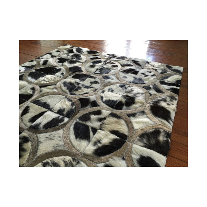 Designer Black White Grey Brown Natural Cowhide Patchwork Rug