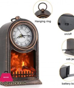 Fireplace Lantern, JIGUOOR Decorative Lanterns for Indoors with Clock USB and Battery Operated Tabletop Fireplace, Flameless Fake Fireplace for Home Decor, Bedroom, Outdoor(No Heater Function, M )