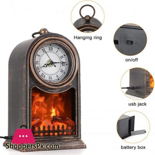 Fireplace Lantern, JIGUOOR Decorative Lanterns for Indoors with Clock USB and Battery Operated Tabletop Fireplace, Flameless Fake Fireplace for Home Decor, Bedroom, Outdoor(No Heater Function, M )