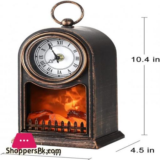 Fireplace Lantern, JIGUOOR Decorative Lanterns for Indoors with Clock USB and Battery Operated Tabletop Fireplace, Flameless Fake Fireplace for Home Decor, Bedroom, Outdoor(No Heater Function, M )