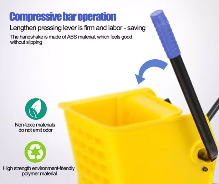 60 Liter Commercial Restaurant Janitorial Cleaning Rolling Industrial Mop Bucket With Down Press Wringer Triple - 44 Liter