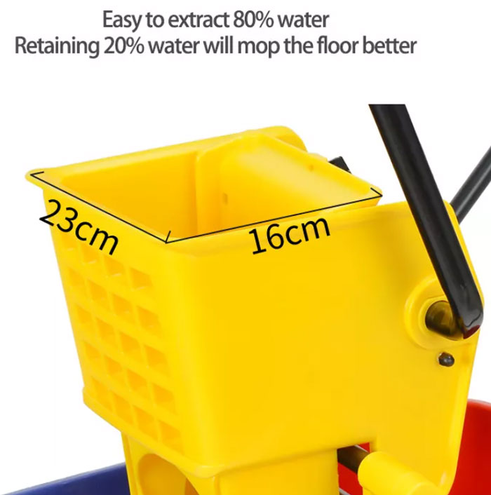60 Liter Commercial Restaurant Janitorial Cleaning Rolling Industrial Mop Bucket With Down Press Wringer Triple - 44 Liter