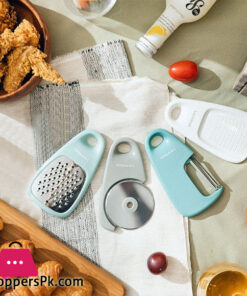 Kitchen Gadgets Set 4 Pieces Space Saving Cooking Tools Cheese Grater Fruit Vegetable Peeler Pizza Cutter Garlic Ginger Grinder Stainless Steel Accessories Dishwasher Safe