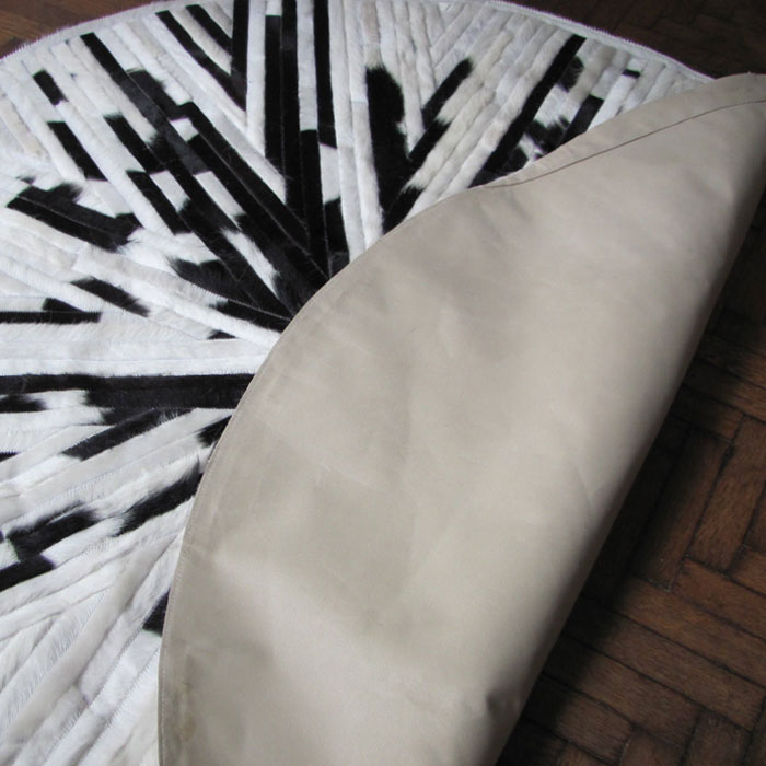 Round Cowhide Patchwork Rug Black And White Striped Design Leather Rug