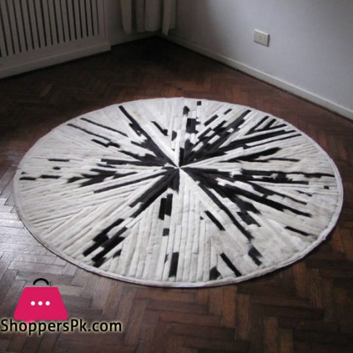 Round Cowhide Patchwork Rug black and White Striped Design Leather Rug