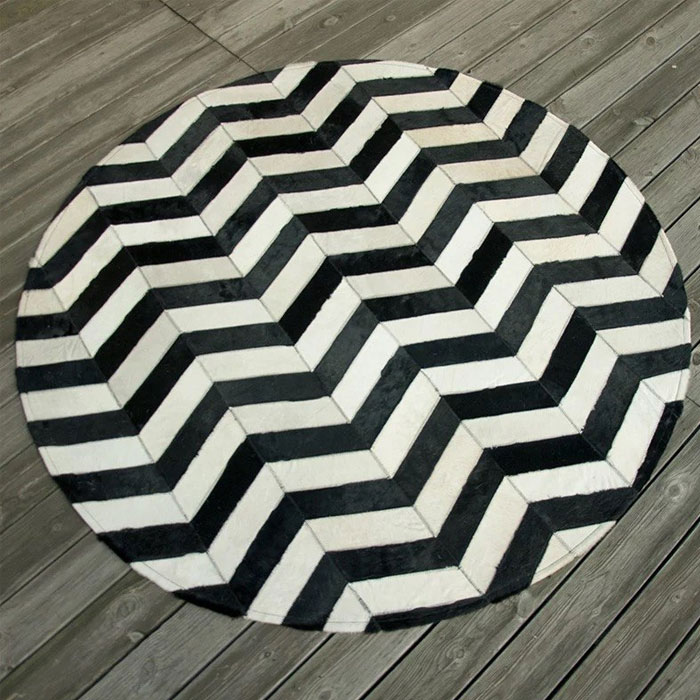 Round Patchwork Chevron Black And White Cowhide Rug