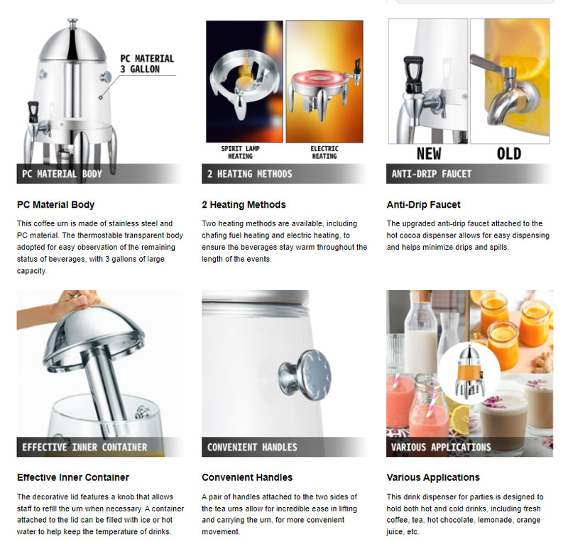 Stainless Steel Clear Beverage Dispenser Durable And Long-Lasting Chafer Urn With Chrome Accents - 12-Liter Capacity