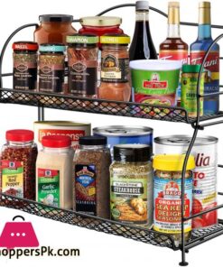 Spice Rack Organizer for Countertop 2 Tier Spice Organizer for Kitchen Cabinet Farmhouse Foldable Seasoning Organizer Standing Storage with Guardrail and Mesh Design Bathroom Organizer