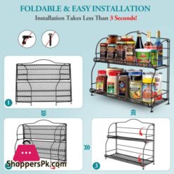 Spice Rack Organizer For Countertop 2 Tier Spice Organizer For Kitchen Cabinet Farmhouse Foldable Seasoning Organizer Standing Storage With Guardrail And Mesh Design Bathroom Organizer