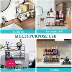 Spice Rack Organizer For Countertop 2 Tier Spice Organizer For Kitchen Cabinet Farmhouse Foldable Seasoning Organizer Standing Storage With Guardrail And Mesh Design Bathroom Organizer