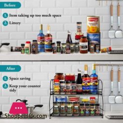 Spice Rack Organizer For Countertop 2 Tier Spice Organizer For Kitchen Cabinet Farmhouse Foldable Seasoning Organizer Standing Storage With Guardrail And Mesh Design Bathroom Organizer