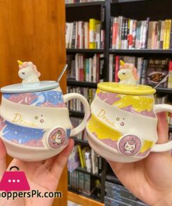 Creative Unicorn Coffee Mug with Lid Cute Cartoon Kawaii Thread Ceramic Milk Tea Cups with Stainless Steel Spoon 450ml TumblerMugs