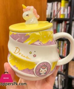 Creative Unicorn Coffee Mug With Lid Cute Cartoon Kawaii Thread Ceramic Milk Tea Cups With Stainless Steel Spoon 450Ml Tumblermugs