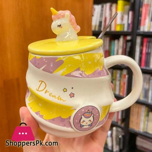 Creative Unicorn Coffee Mug with Lid Cute Cartoon Kawaii Thread Ceramic Milk Tea Cups with Stainless Steel Spoon 450ml TumblerMugs