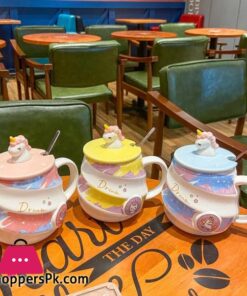 Creative Unicorn Coffee Mug With Lid Cute Cartoon Kawaii Thread Ceramic Milk Tea Cups With Stainless Steel Spoon 450Ml Tumblermugs