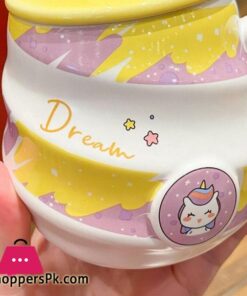 Creative Unicorn Coffee Mug With Lid Cute Cartoon Kawaii Thread Ceramic Milk Tea Cups With Stainless Steel Spoon 450Ml Tumblermugs