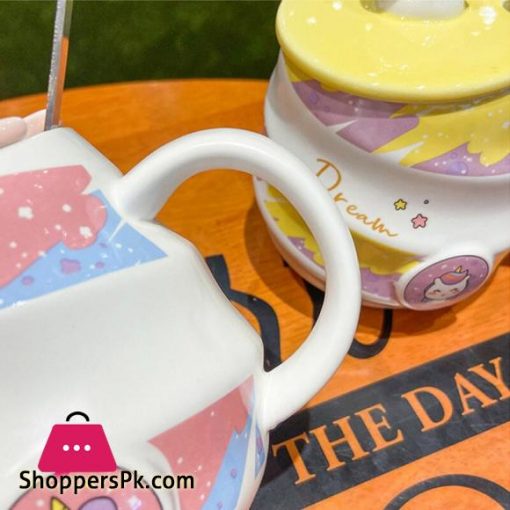 Creative Unicorn Coffee Mug with Lid Cute Cartoon Kawaii Thread Ceramic Milk Tea Cups with Stainless Steel Spoon 450ml TumblerMugs