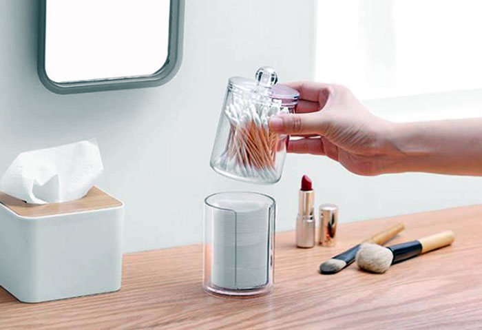 Double Layer Dustproof Acrylic Storage Box Holder Organizer For Bathroom Cotton Ball Pads Swabs Stick Cosmetic Makeup Pads Earbuds Stubs Toothpicks