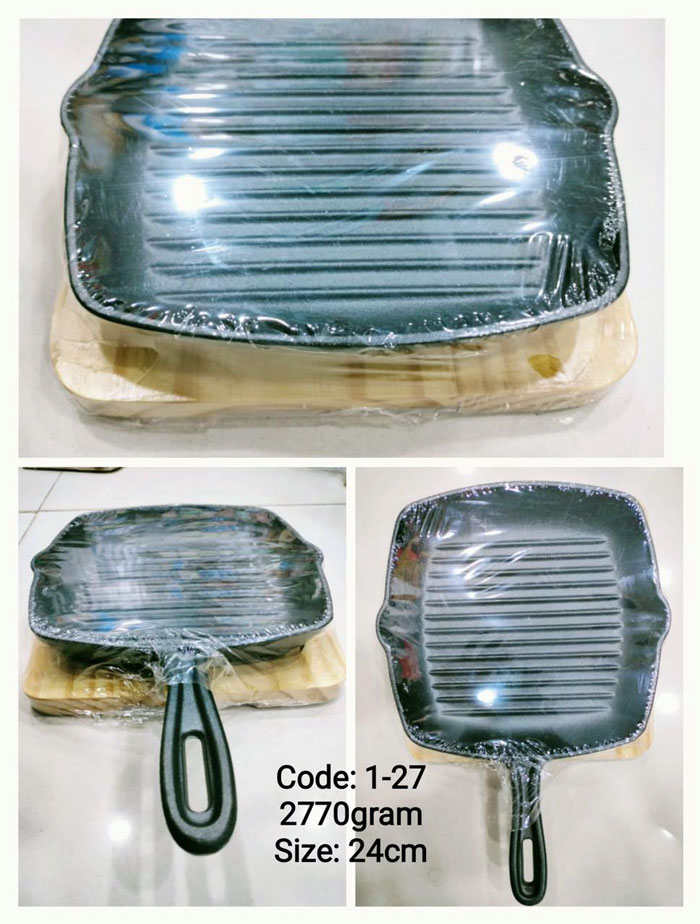Fajita Cast Iron Hand Pan Wood Base Square Shape - 24Cm