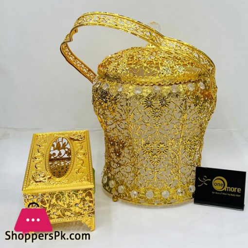 Golden Color Tissue Box And Dustbin - ZX2