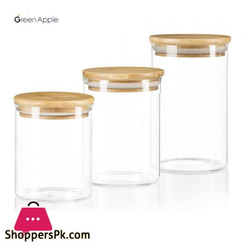 Green Apple Deli Glass Airtight Jars or Canister with wooden lids Set of 3