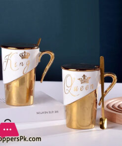 High Quality Ceramic Golden King and Queen Mug with Spoon 1 - Pcs