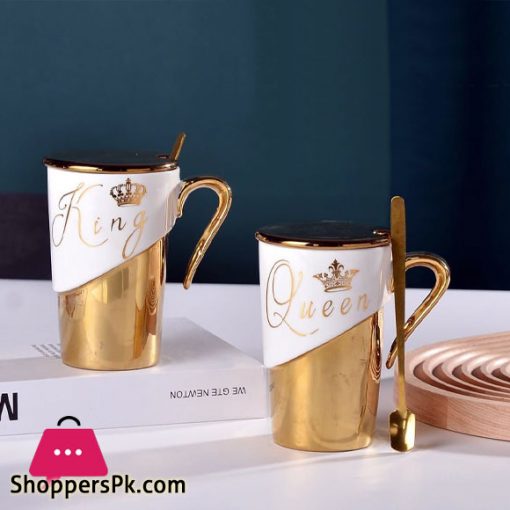 High Quality Ceramic Golden King and Queen Mug with Spoon 1 - Pcs
