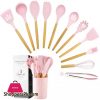 Caliamary Silicone Kitchen Utensil Set 11 Pieces Cooking Utensil with Wooden Handles Utensil Holder for Nonstick Cookware Spoon Soup Ladle Slotted Turner Whisk Tongs Brush Pasta Server Pink