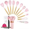 Caliamary Silicone Kitchen Utensil Set 11 Pieces Cooking Utensil With Wooden Handles Utensil Holder For Nonstick Cookware Spoon Soup Ladle Slotted Turner Whisk Tongs Brush Pasta Server Pink