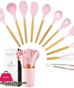 Caliamary Silicone Kitchen Utensil Set 11 Pieces Cooking Utensil with Wooden Handles Utensil Holder for Nonstick Cookware Spoon Soup Ladle Slotted Turner Whisk Tongs Brush Pasta Server Pink
