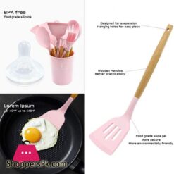 Caliamary Silicone Kitchen Utensil Set 11 Pieces Cooking Utensil With Wooden Handles Utensil Holder For Nonstick Cookware Spoon Soup Ladle Slotted Turner Whisk Tongs Brush Pasta Server Pink