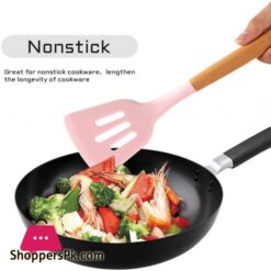 Caliamary Silicone Kitchen Utensil Set 11 Pieces Cooking Utensil With Wooden Handles Utensil Holder For Nonstick Cookware Spoon Soup Ladle Slotted Turner Whisk Tongs Brush Pasta Server Pink