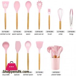 Caliamary Silicone Kitchen Utensil Set 11 Pieces Cooking Utensil With Wooden Handles Utensil Holder For Nonstick Cookware Spoon Soup Ladle Slotted Turner Whisk Tongs Brush Pasta Server Pink