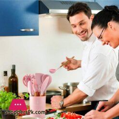 Caliamary Silicone Kitchen Utensil Set 11 Pieces Cooking Utensil With Wooden Handles Utensil Holder For Nonstick Cookware Spoon Soup Ladle Slotted Turner Whisk Tongs Brush Pasta Server Pink