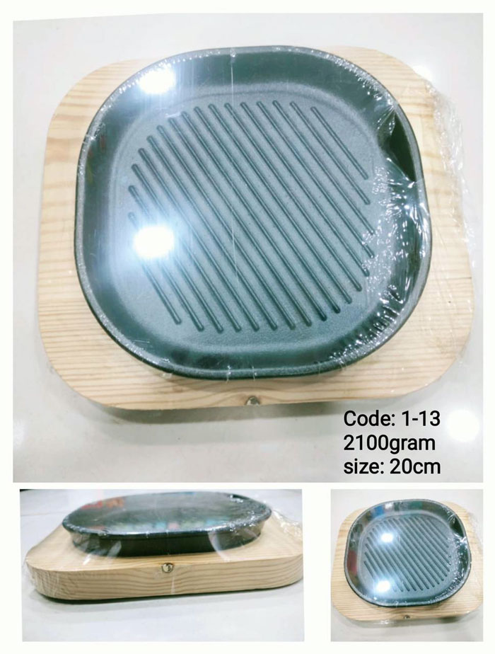 Sizzling Wave Plate Cast Iron Square Hot Plate with Wood Plate Under Liner 20-CM