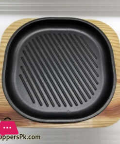 Sizzling Wave Plate Cast Iron Square Hot Plate with Wood Plate Under Liner 22-CM
