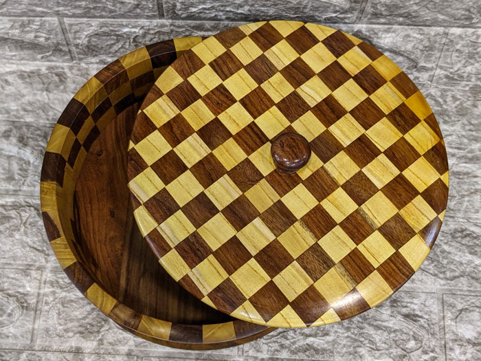 Wooden Brass Hand Crafted Checkered Work Wood Hot Pot Roti Box