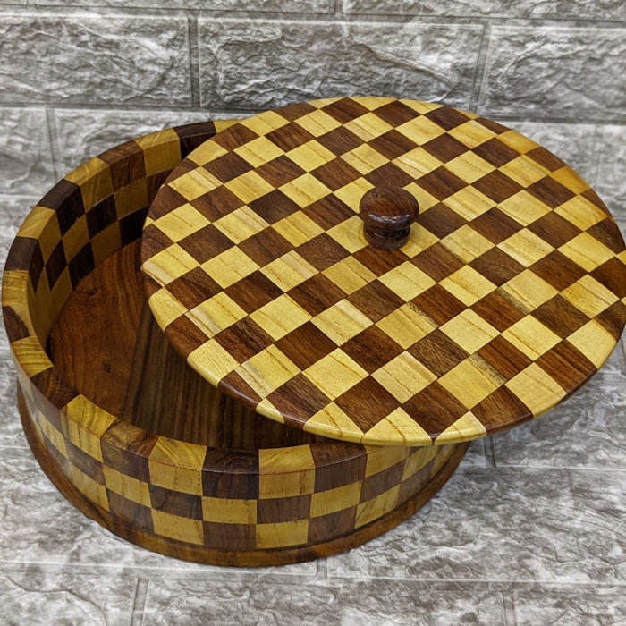 Wooden Brass Hand Crafted Checkered Work Wood Hot Pot Roti Box
