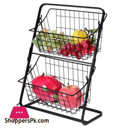 Iron Fruit Storage Shelf Vegetable Fruit Large Capacity Storage Rack Double Layer Storage Basket For Kitchen Seasoning OrganizerStorage Holders Racks
